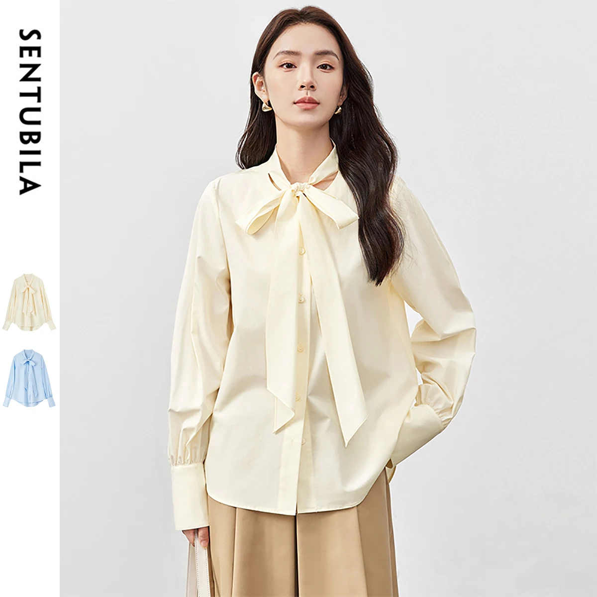 

SENTUBILA Apricot Thin Lyocell Women Blouse 2025 Casual Lace-up Shirt Elegant Commute Style Single Breasted Tops 151C58284
