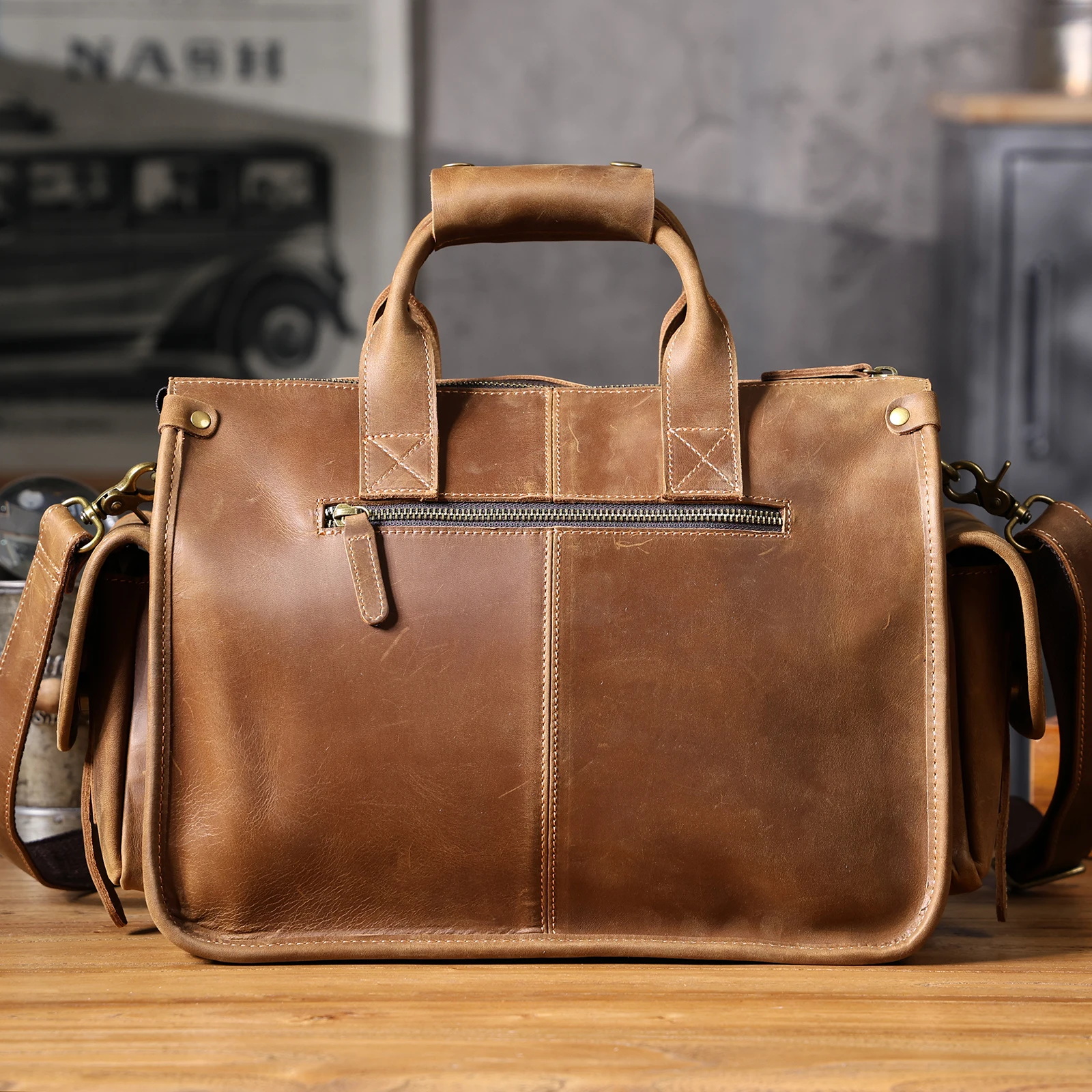 S.WORKER Vintage Echtleder Herren-Aktentasche 14" Laptop-Tasche Crazy Horse Leder Messenger-Handtasche Rindsleder Geschenkidee für Männer – Detail 29
