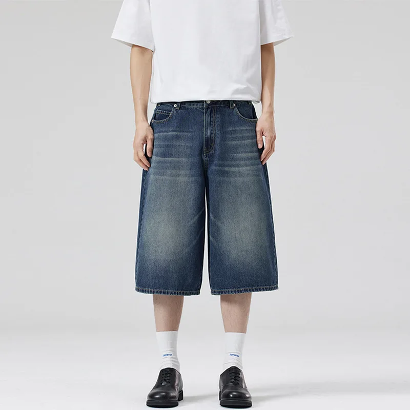 NEW Korean Style Vintage Men's Jeans Summer Loose Male Wide Leg Knee Length Shorts New Washed Fashion Short Denim Pants