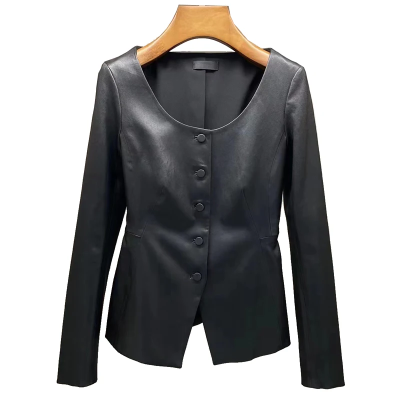 Stretch Leather Jacket For Women Luxury Genuine Elastic Sheepskin Cardigan 2024 U-neck V Hem Slim Fit Tops Mujer Tight Clothing