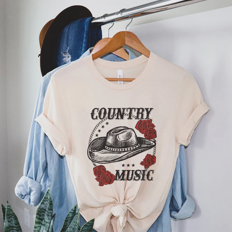 Women Retro Western Cowboy Hat T Shirt Vintage Boho Country Music Concert T-Shirt Loose Aesthetic Cowgirl Tops Cute Graphic Tees