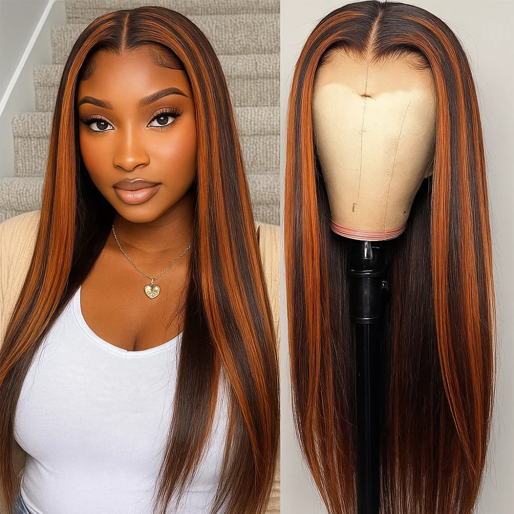 No Silk No Glue Highlight #4/350 Wig 5x5 Lace Frontal Glueless Wigs Ombre Ginger Brown Bone Straight Human Hair Wigs Pre Plucked
