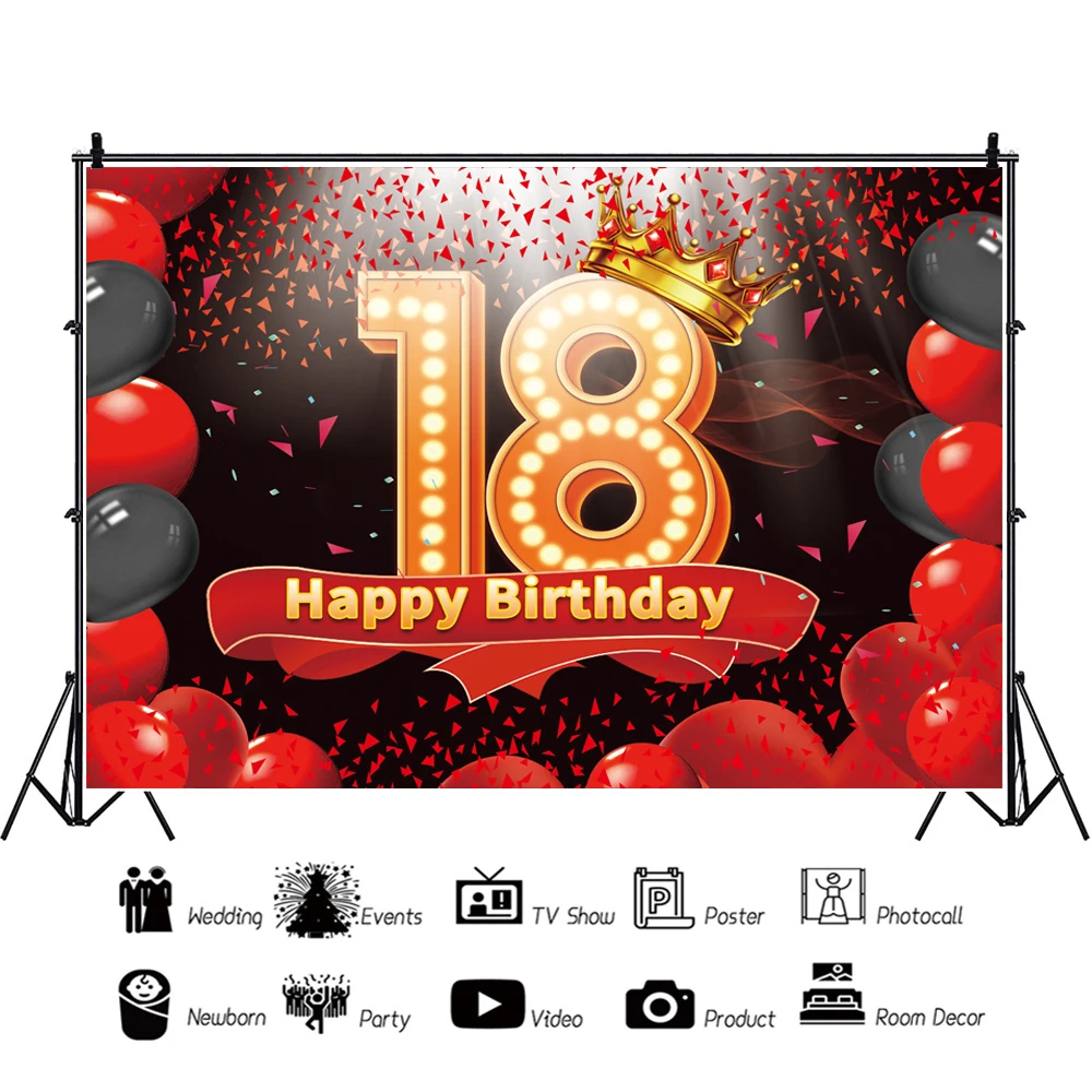 1PC Happy 18th Birthday Banner Backdrop Red and Black 18 Years Old Background Bday Decorations for Girls Boys Photography Party