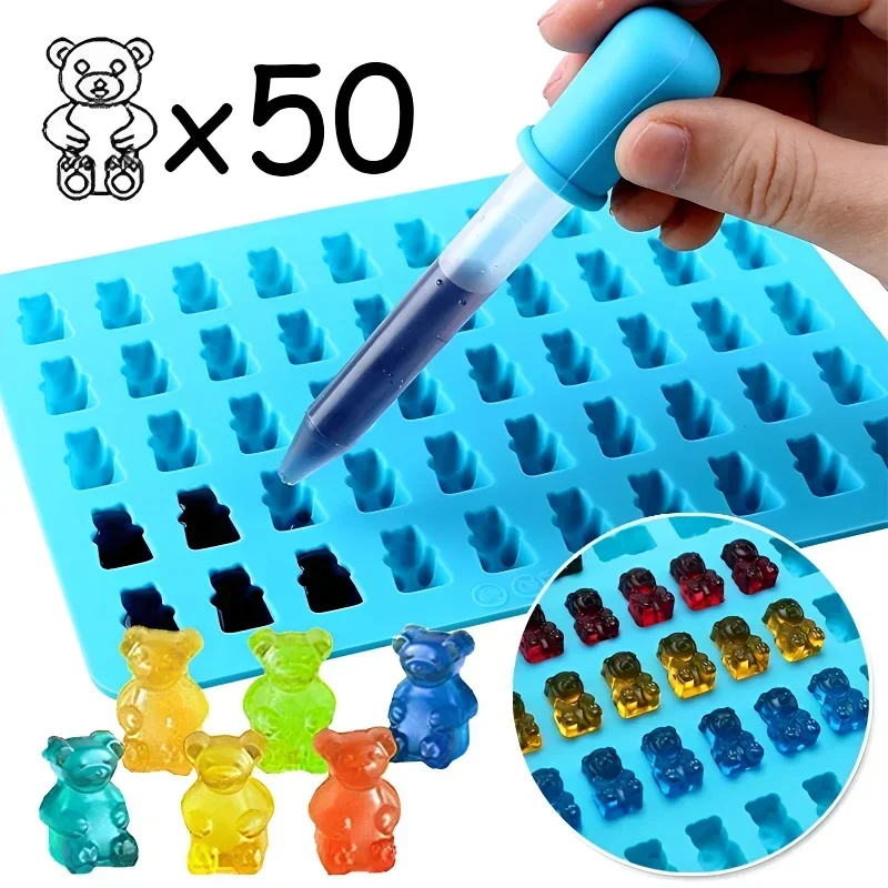 50er-Gitter-Gummibärchen-Form aus Silikon, niedliche Bären-Geleeform mit Pipette, Süßigkeiten-Schokoladen-Fondant-Formen, DIY-Backdekorationswerkzeuge