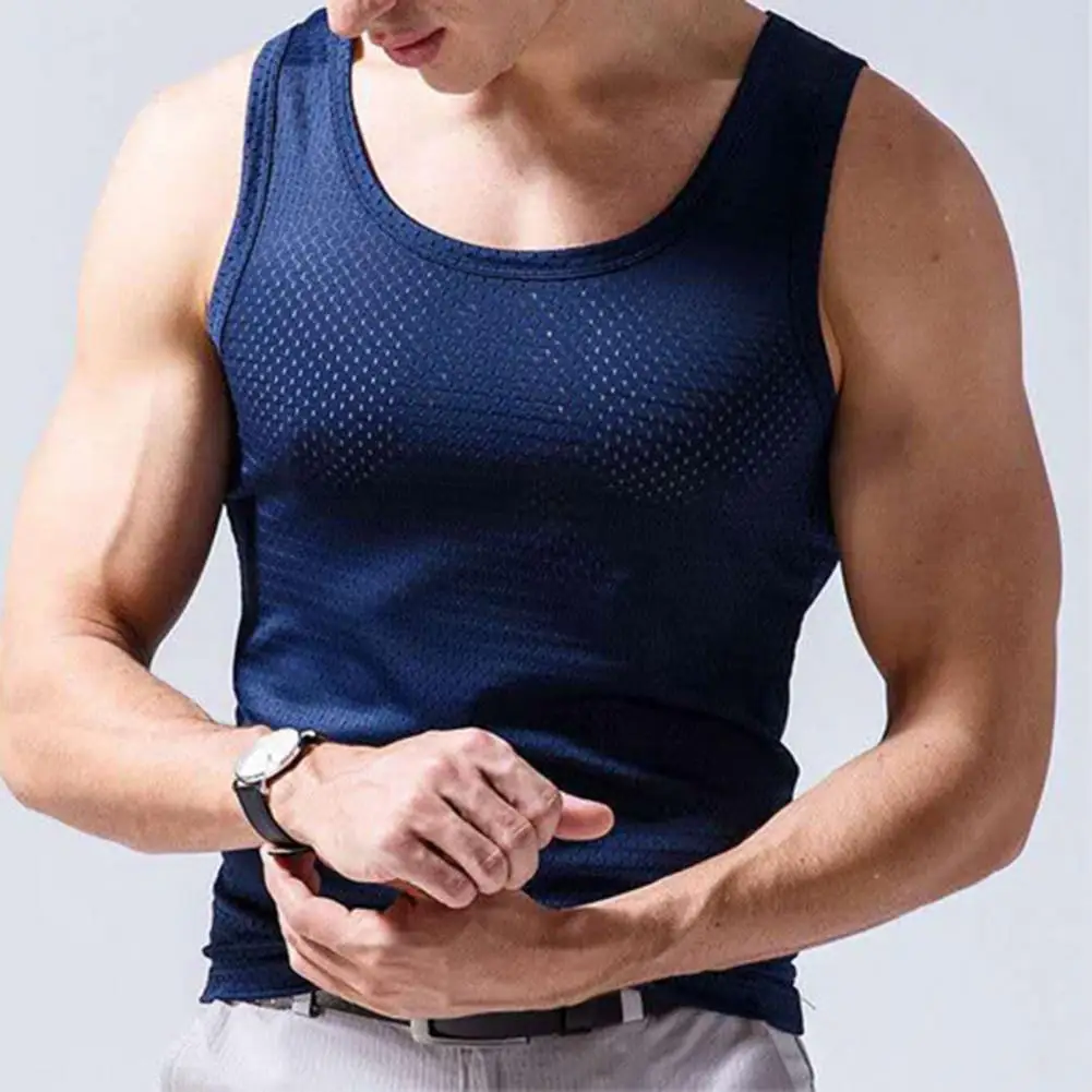 Men Tank Top Solid Color O Neck Hollow Out Breathable Summer Top Male Clothes