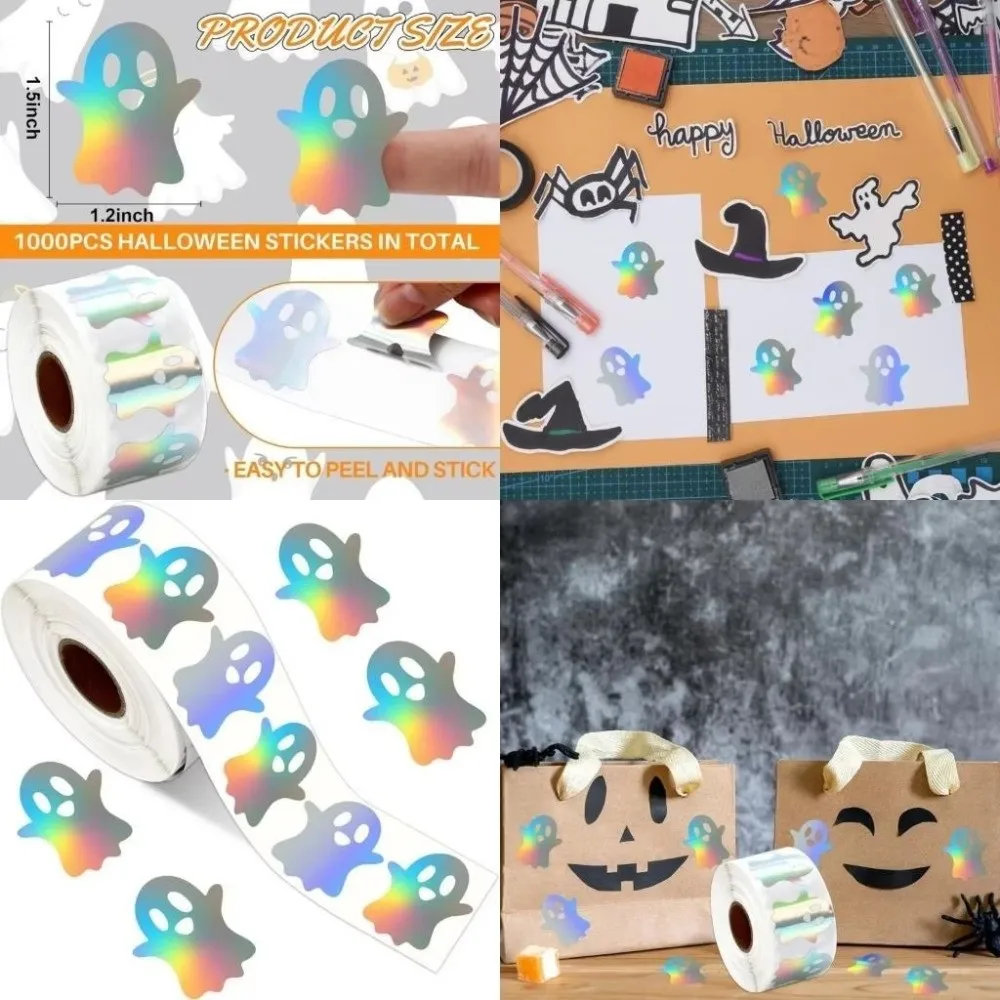 500pcs/roll New Laser Type Halloween Stickers Decorative Paper Waterproof Reflective Labels Ghost Stickers Gift Packaging