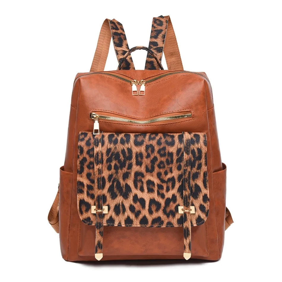 Bolsa feminina vintage de couro de alta qualidade mochila casual leopardo impressão mochila grande capacidade saco de compras para mulher 2025