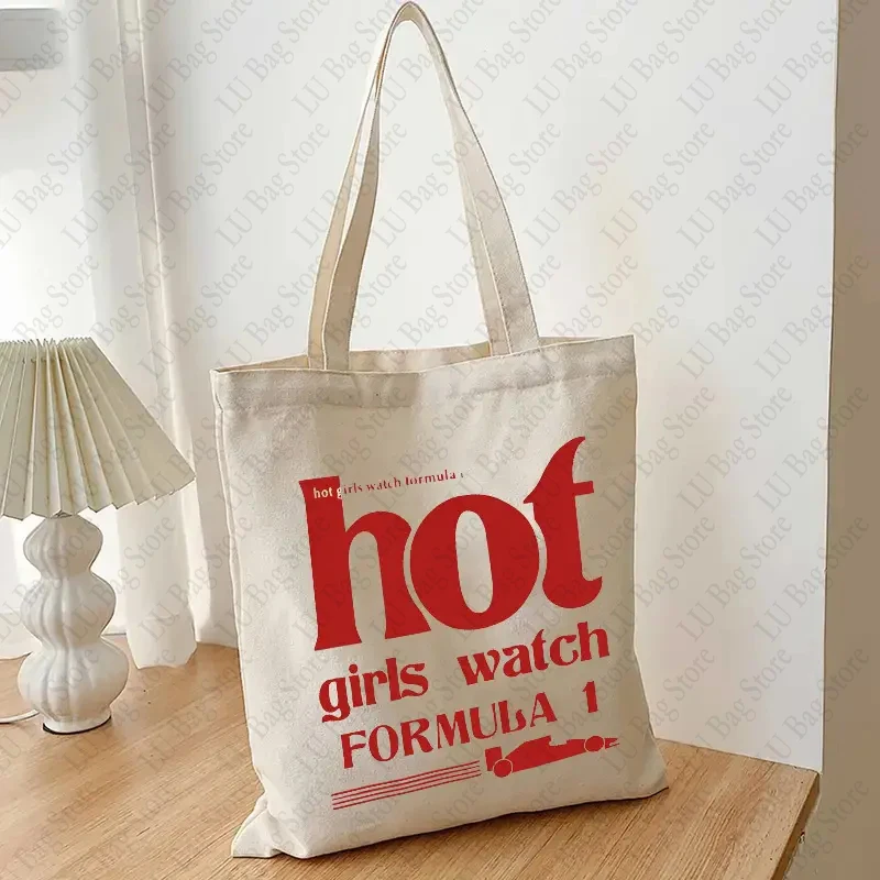 Hot Girls Watch Formula 1 Pattern Tote Bag Casual Canvas Shoulder Bag Funny Slogan Shopping Bags Formula Carrier Bags