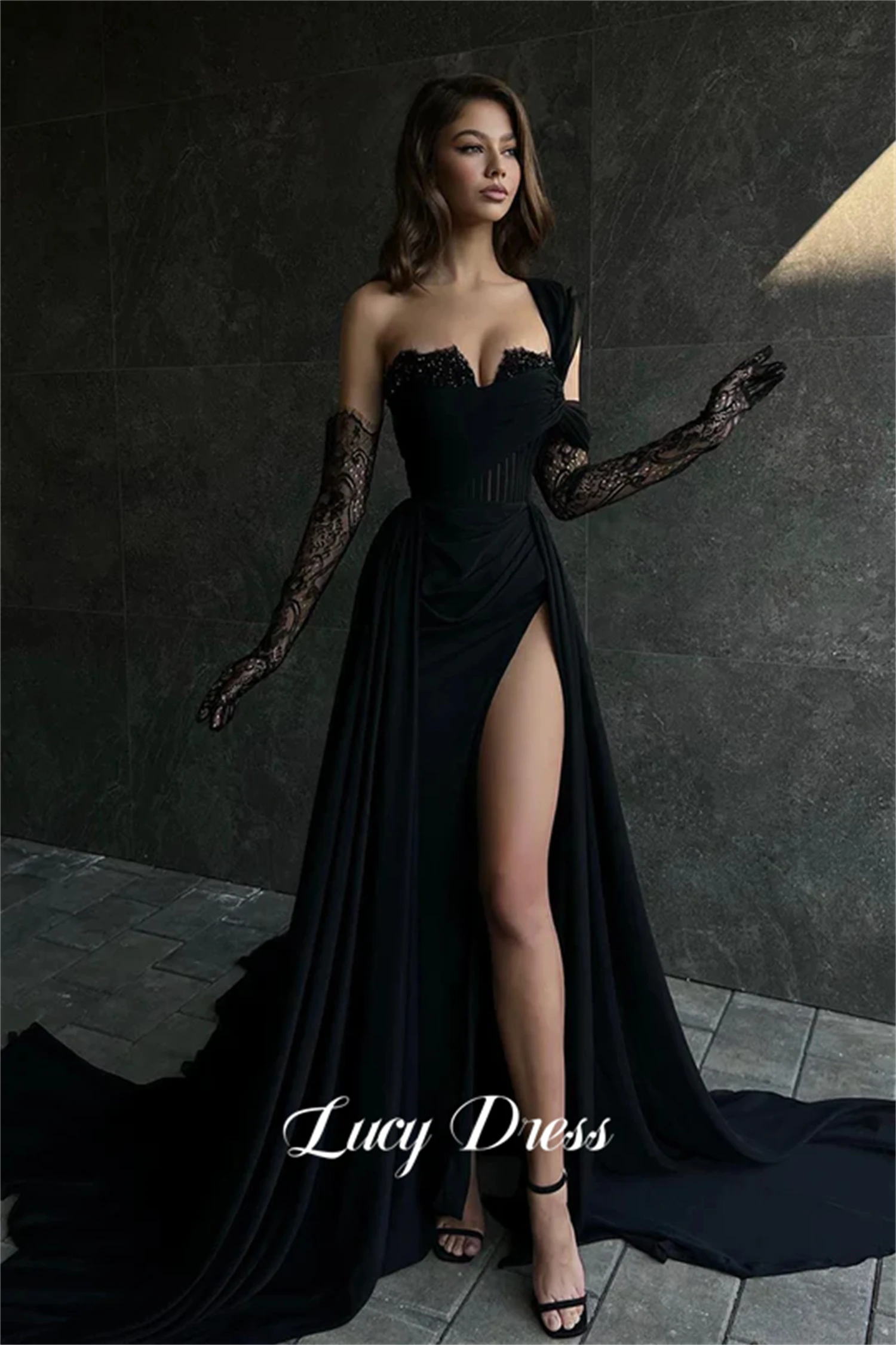 Lucy Satin Black Luxurious Evening Dress Bead Embroidery Decoration Dresses for Prom Long Wedding Party Sharon Happy 2024 New