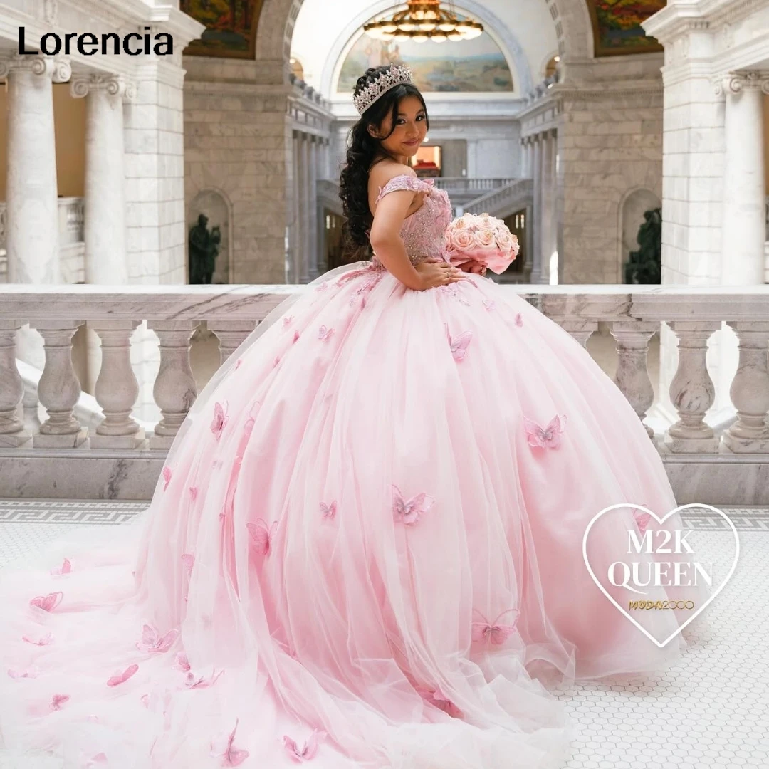 

Lorencia Mexican Pink Quinceanera Dress Ball Gown Butterfly Applique Beading Crystals Corset Sweet 16 Vestidos De 15 Años YQD895