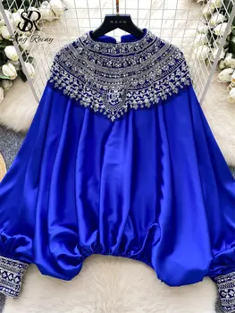 SINGREINY Podzimní flitrovaná vintage saténová halenka pro ženy s netopýřími rukávy a korálky, elegantní volné topy, vysoce kvalitní seniorské prázdninové topy 10 nejlepší prodej halenka s flitry - №2