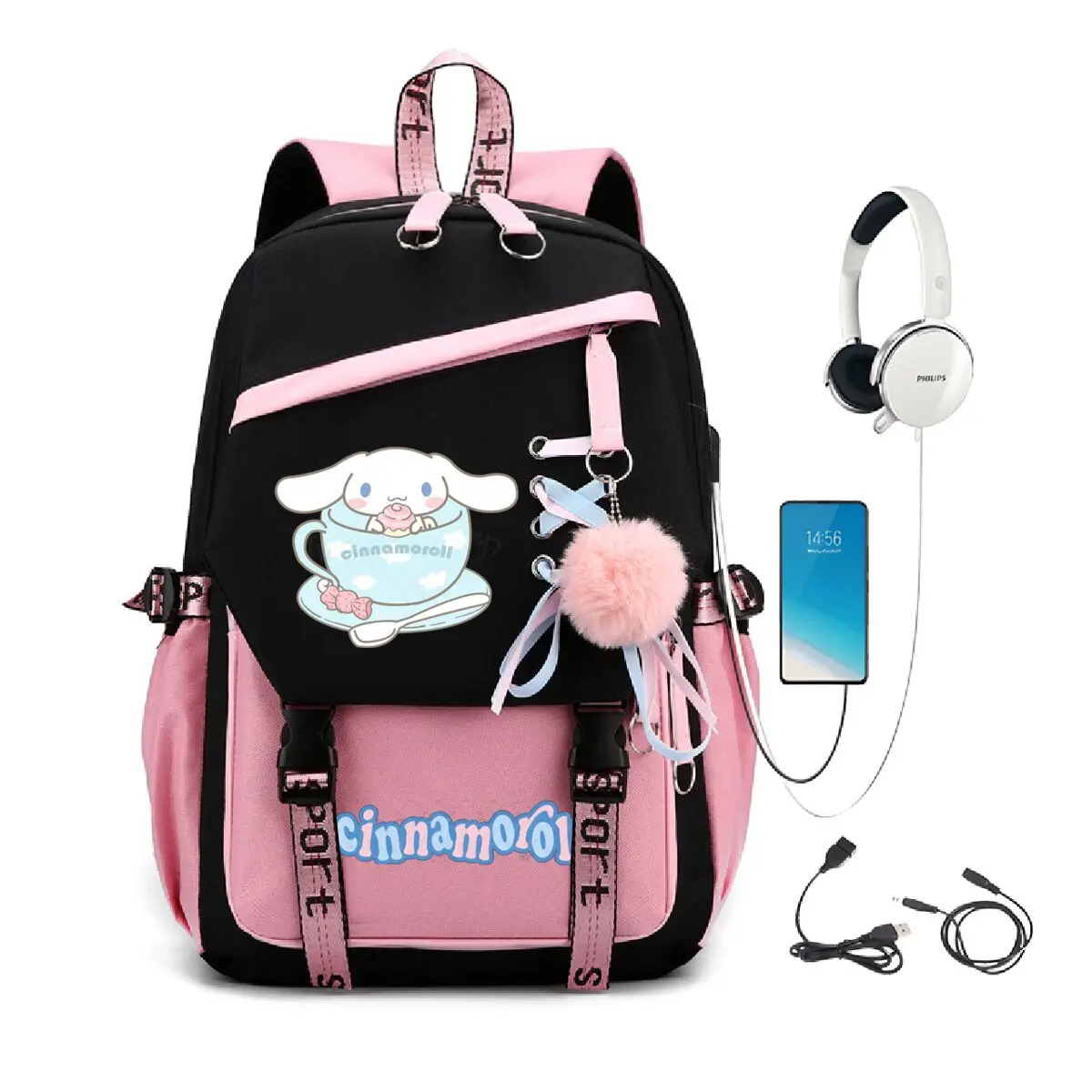 

Милый мультяшный рюкзак Cinnamoroll, большая емкость, сумки с USB-зарядкой, рюкзак для ноутбука, дорожные сумки, детские сумки для книг-подростков