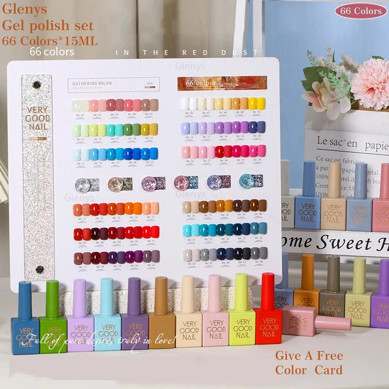 Glenys 66 pieces * 15ml nail polish glue popular semi permanent immersion gel whitening color matching card varnish set
