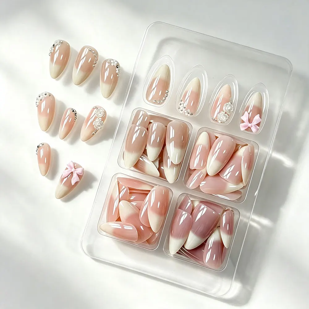 120 Stück glänzende braun-rosa-nude Ombre French Press-On Nägel, mittlere Größe, Mandelform, Perlen, Schleife, Blumen, künstliche Nägel, vollständige Abdeckung, D&3 – Detail 1