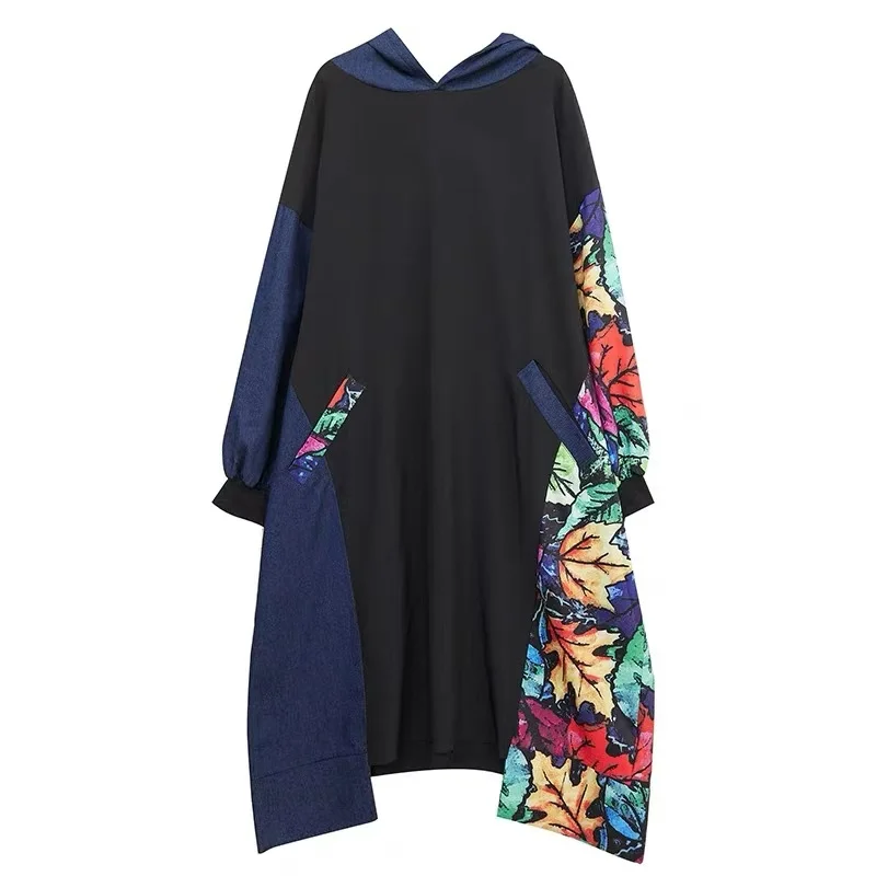 2025 Spring New Elegant Patchwork Printed Hooded Loose Long Dress Women Long Sleeve Dress Female Wholesale J655