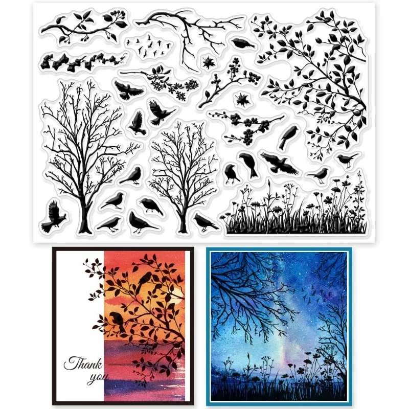 1szt Bird Branch Silhouette Clear Stamps Birds Trees Clear Rubber Stamps Silicone for DIY Scrapbooking Photo Album 6.3x4.33inch