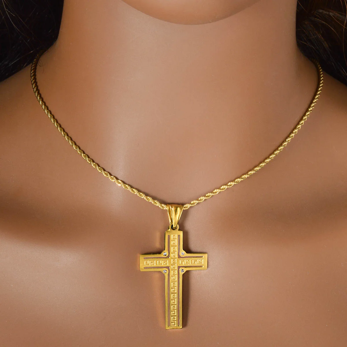 Colgante de cruz hueca de oro puro 24K 9999 de lujo para hombre y mujer con cadena retorcida