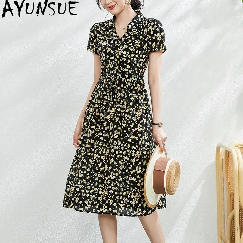 Elegant Dresses For Women 2024 Black Slim Dress Summer 100% Mulberry Silk Clothing Female New Print Women's Clothing Vestidos LM