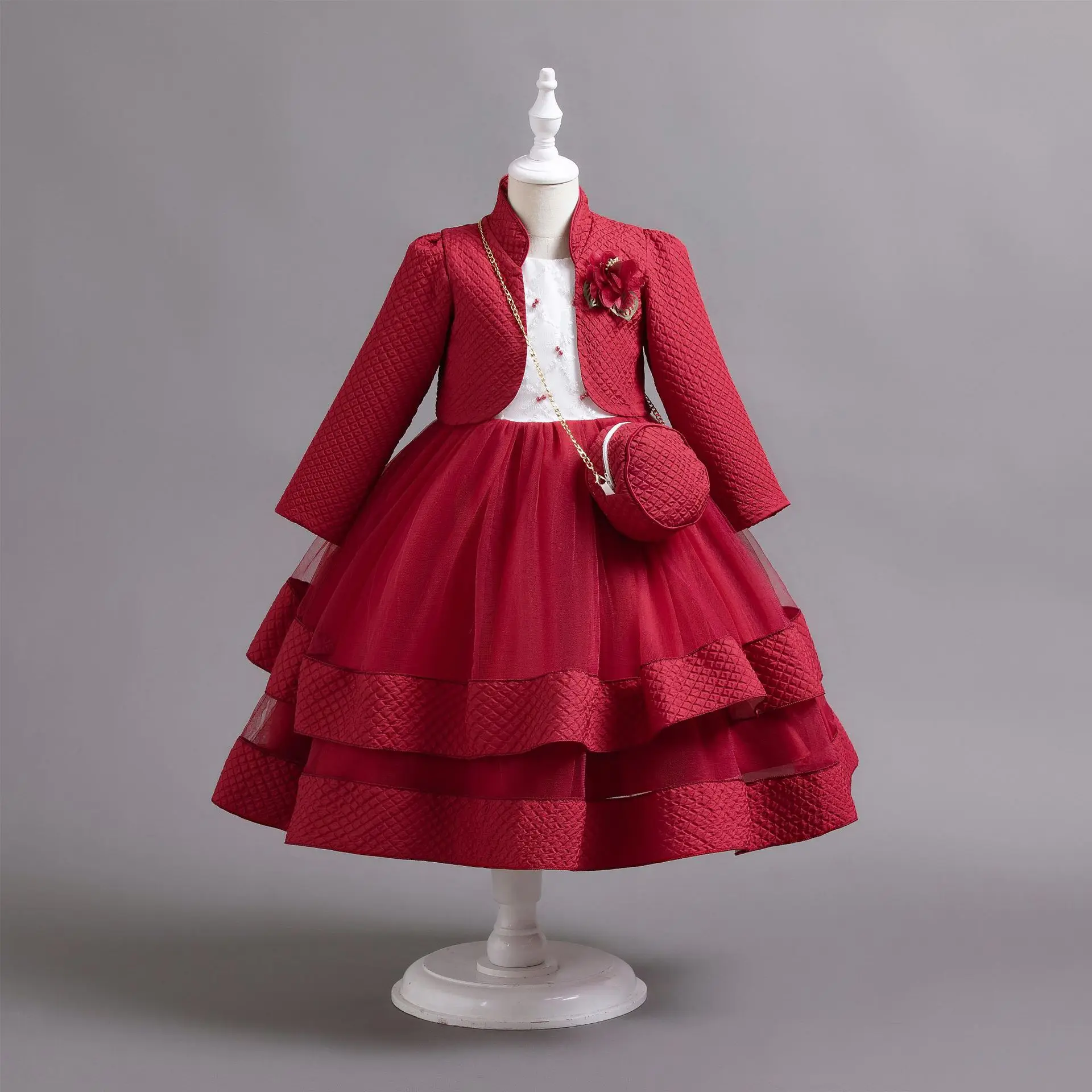 

HETISO Girls Christmas Dresses With Bag Long Sleeve Coat Kids Plaid Pearl Layers Elegant Gown Children's Appliques White Clothes