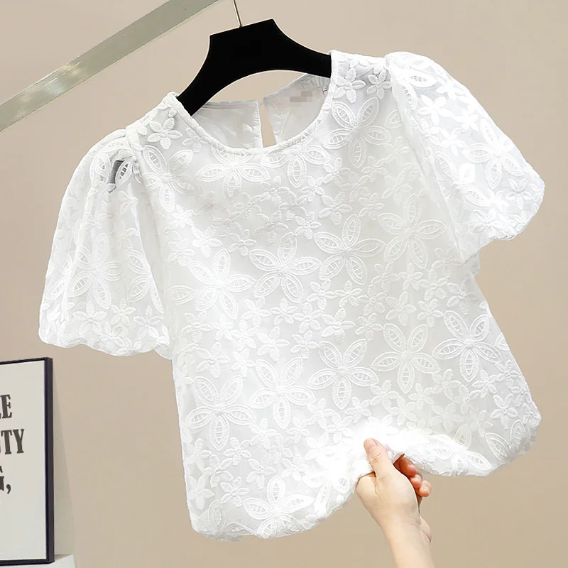 Fashion Retro Lantern Sleeves Lace T-shirt Women's Tshirt Top Round Neck Pullover Short Shirt Loose Versatile Solid Color Top