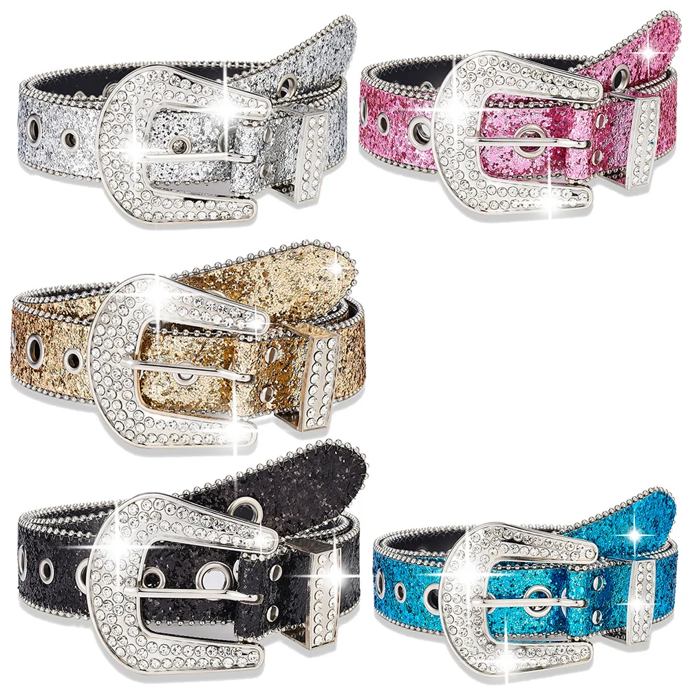 Y2K Punk Rock Belts for Women Girls Female Rhinestone Jeans Belt Sequins Fashion Accessories Silver Pink Waistband Western 3.8cm