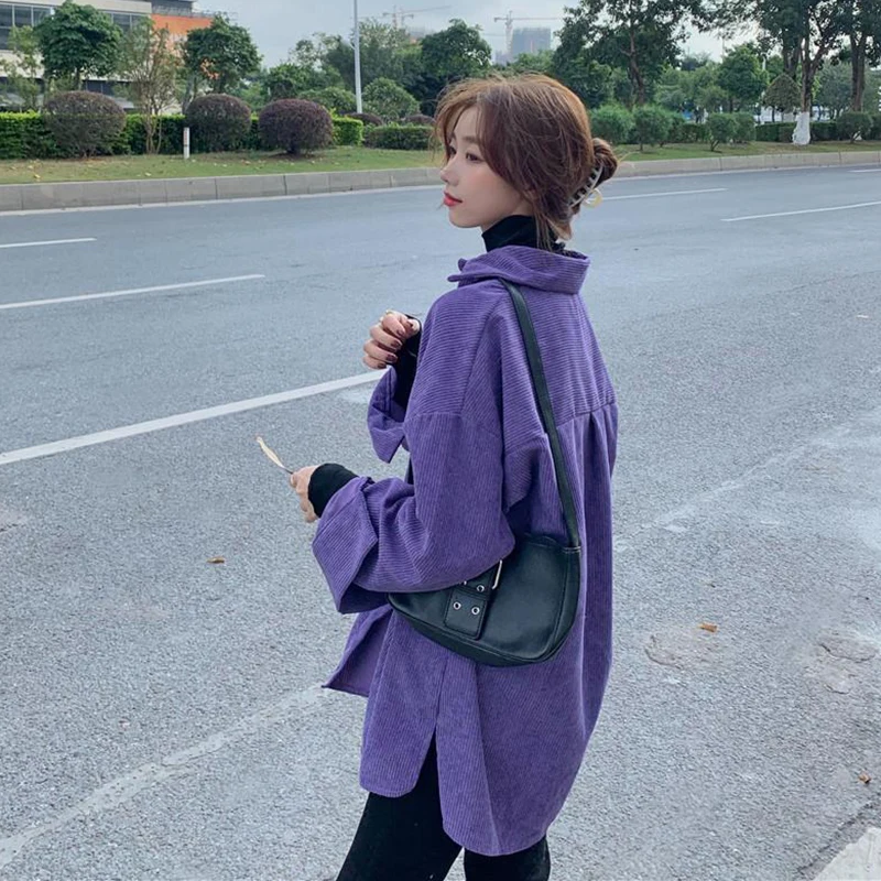 Vintage Corduroy Shirt Women Lazy Style Purple Mid-Length Coats Woman 2023 Autumn Winter Korean Button Pockets Long Sleeve Top