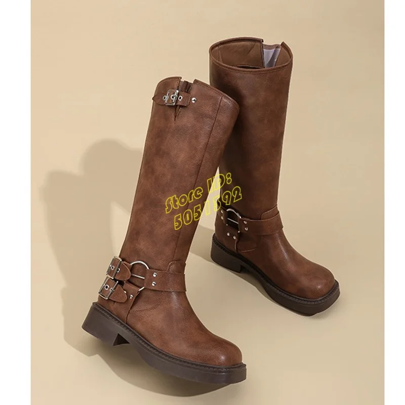 

Cowboy Retro Maillard Women's Boots Western Block Middle Heel Square Toe Buckle Strap Brown Black Leather Women Dress Shoes