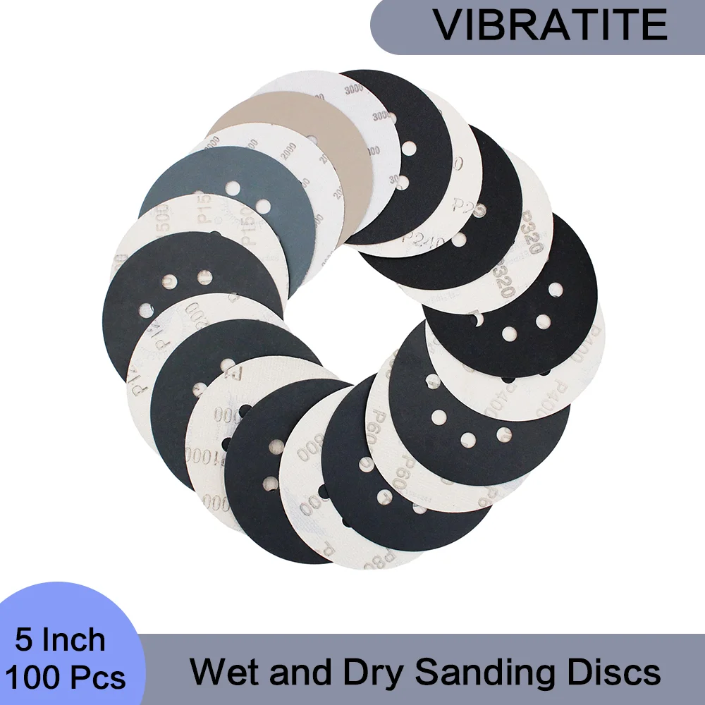 5 Inch 8 Holes Wet and Dry Sanding Discs 100 Pcs Hook and Loop Sandpaper for Polishing Wood Metal Aluminium Alloy Rubber