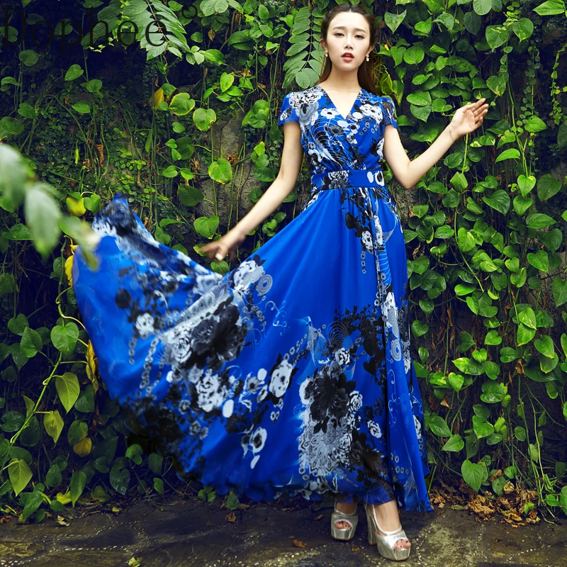 

Vintage Blue Flowers Printed Short Sleeve Chiffon Dress New Summer Elegant V-neck Floor-length Dress Women A-line Beach Dress