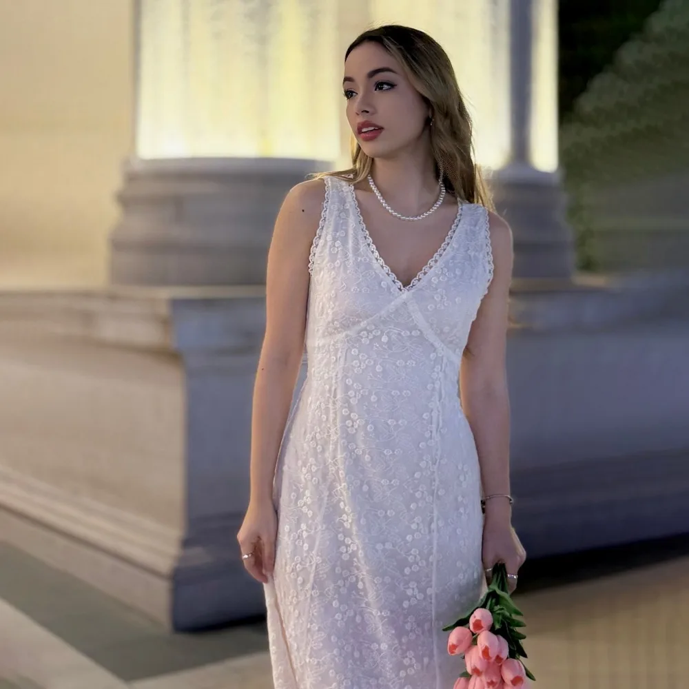 Elegante abito lungo senza maniche in pizzo donna estate telai scollo a V canotta vestito estivo donna femminile vestiti 2025 stile coreano