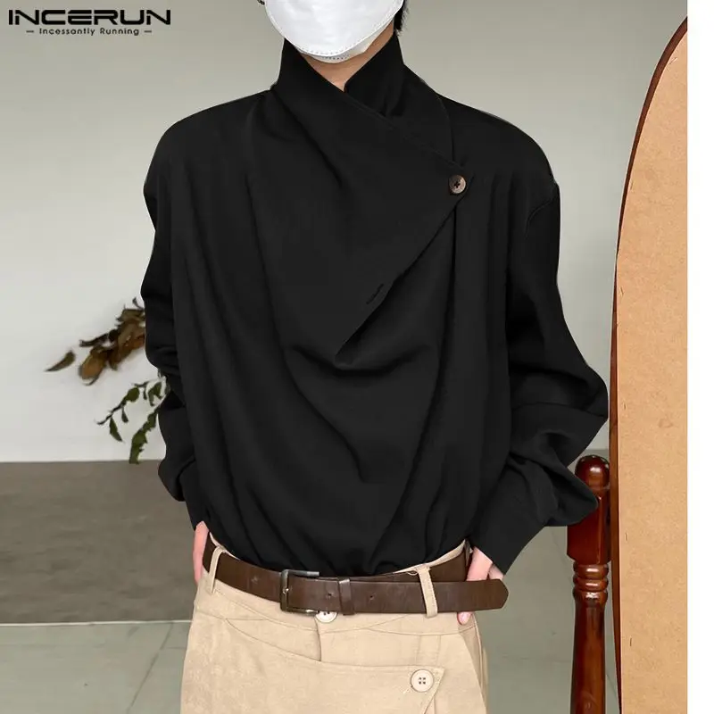 

INCERUN Tops 2023 Korean Style Fashion Men's Swinging Neck Irregular Neckline Shirts Casual Solid Loose Long Sleeve Blouse S-5XL