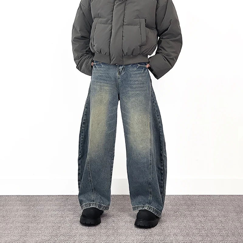 ワイドレッグカーブジーンズメンズウォッシュ加工レトロハイストリートルーズデニムパンツだぶだぶのズボン Y2K 男性ストレートスプライスジーンズ