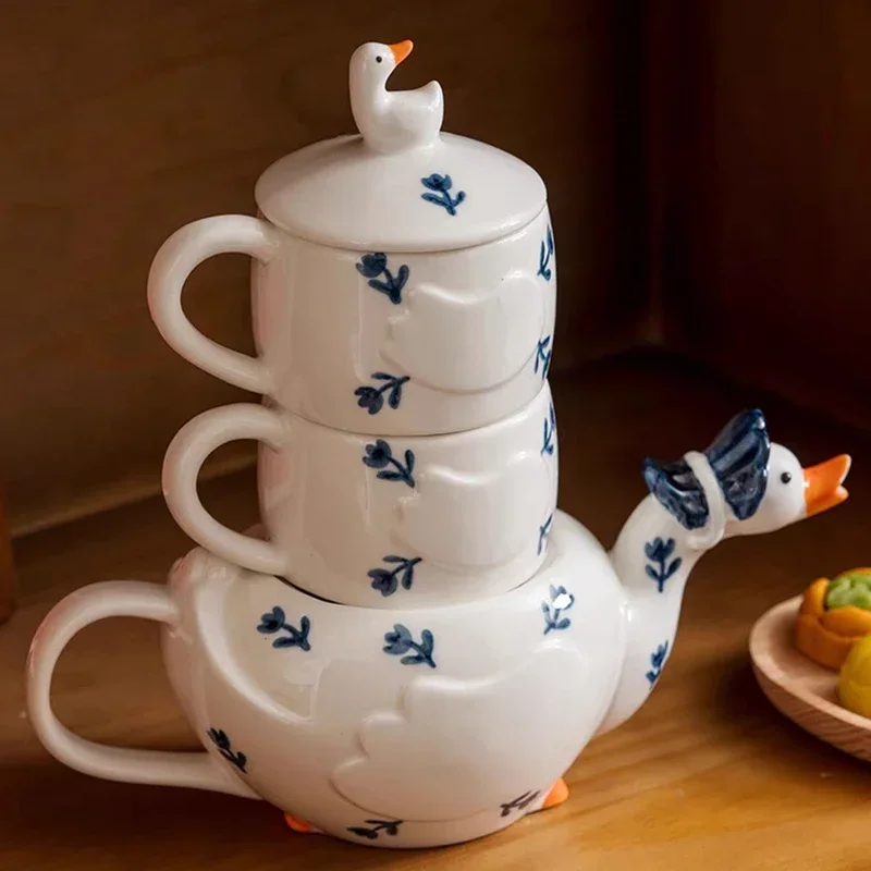 Kawaii Duck Ceramic Tea Set - Tea for Two Teapot and 2 Afternoon Mugs Cup Kettle with Drain Hole Microwave Safe