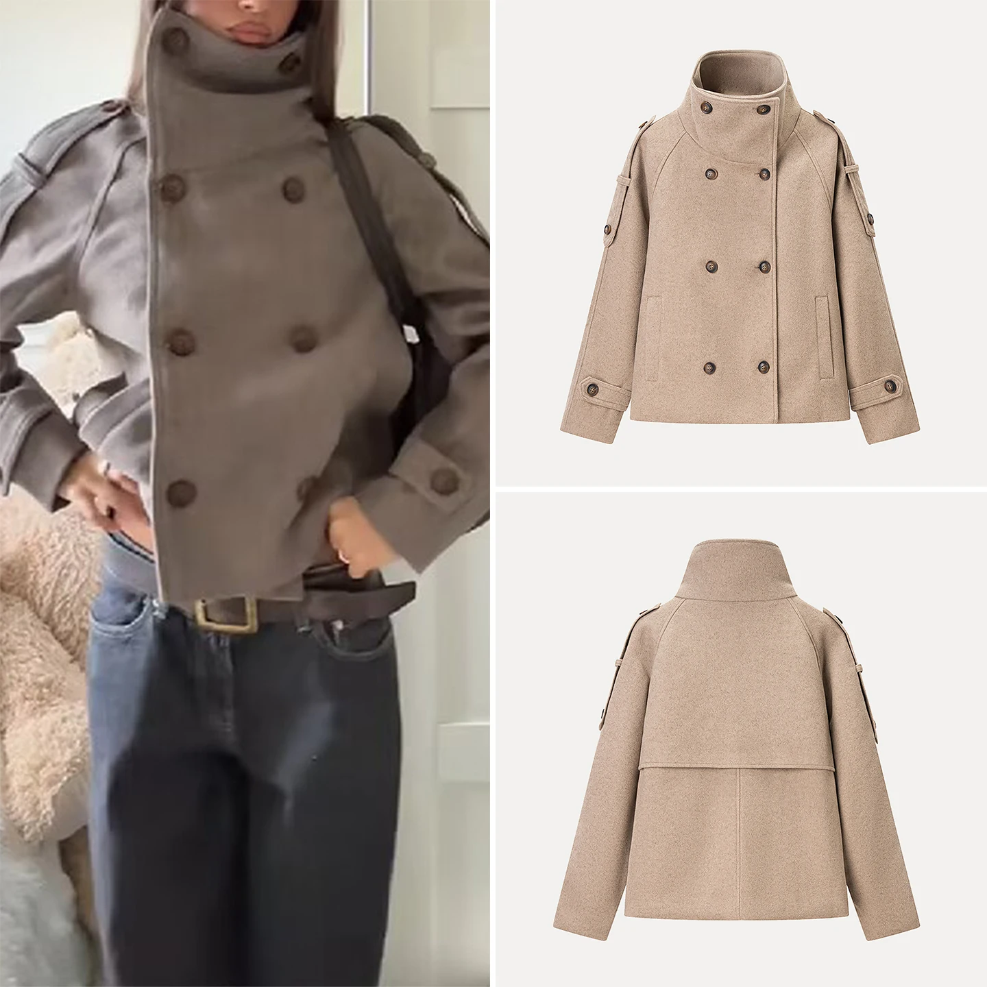 

Ele Casual Double-Color Woolen Coat for Women Commute Sle Stand Fit Long Sve Regular Length Double-Breasted