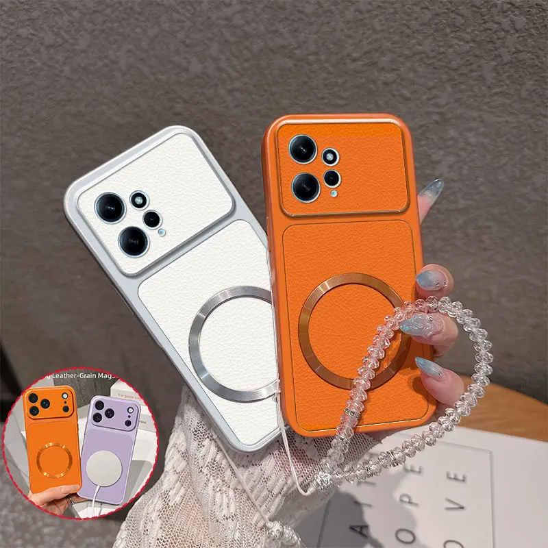 Luxury Vintage PU Lychee Leather with Magnetic Circle Crystal Beaded Strap TPU Phone Case For Redmi Note 12 4G 11TPro Back Cover
