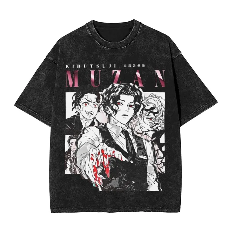 

Футболка с аниме «Demon Slayer Kibutsuji Muzan» с графическим рисунком, мужская повседневная футболка из чистого хлопка, Harajuku, мужская винтажная футболка с мангой