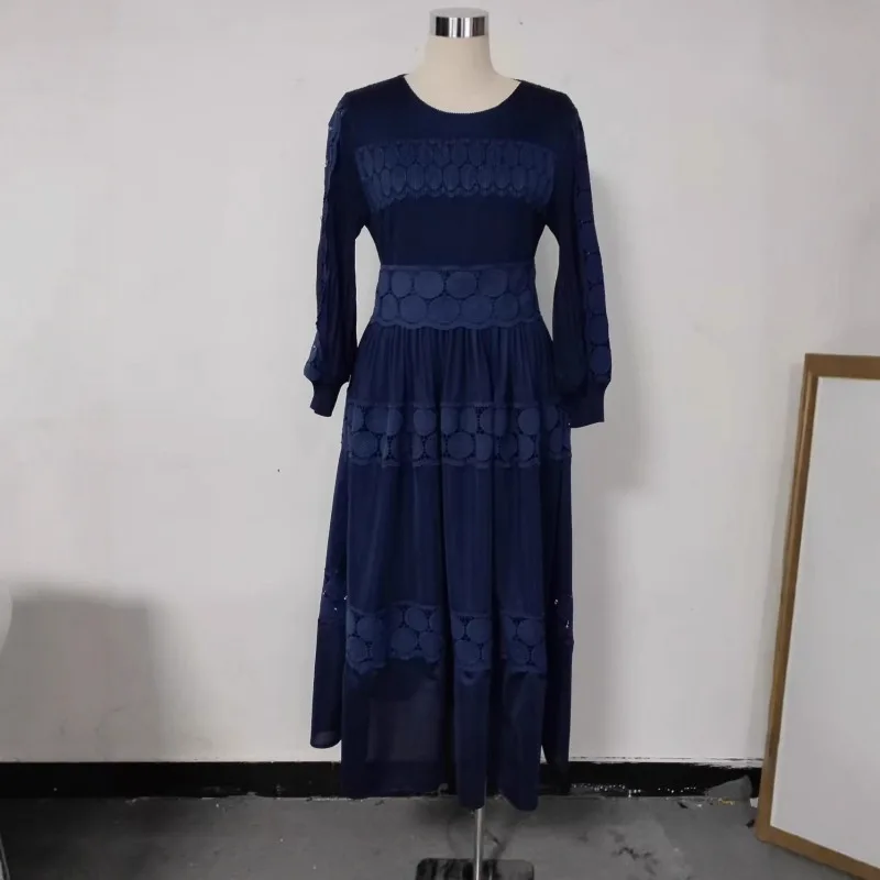 ミヤケプリーツプラスサイズドレス2025ファッションホローレースルーズ気質エレガントレディース秋新作ロングスカート婦人服