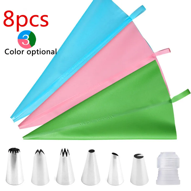 

Cheap 8pc Cake Cookie Decor Tool Set 6 Stainless Steel Cream Piping Nozzles 1 Reusable TPU Piping Bag Kitchen Baking Accessories