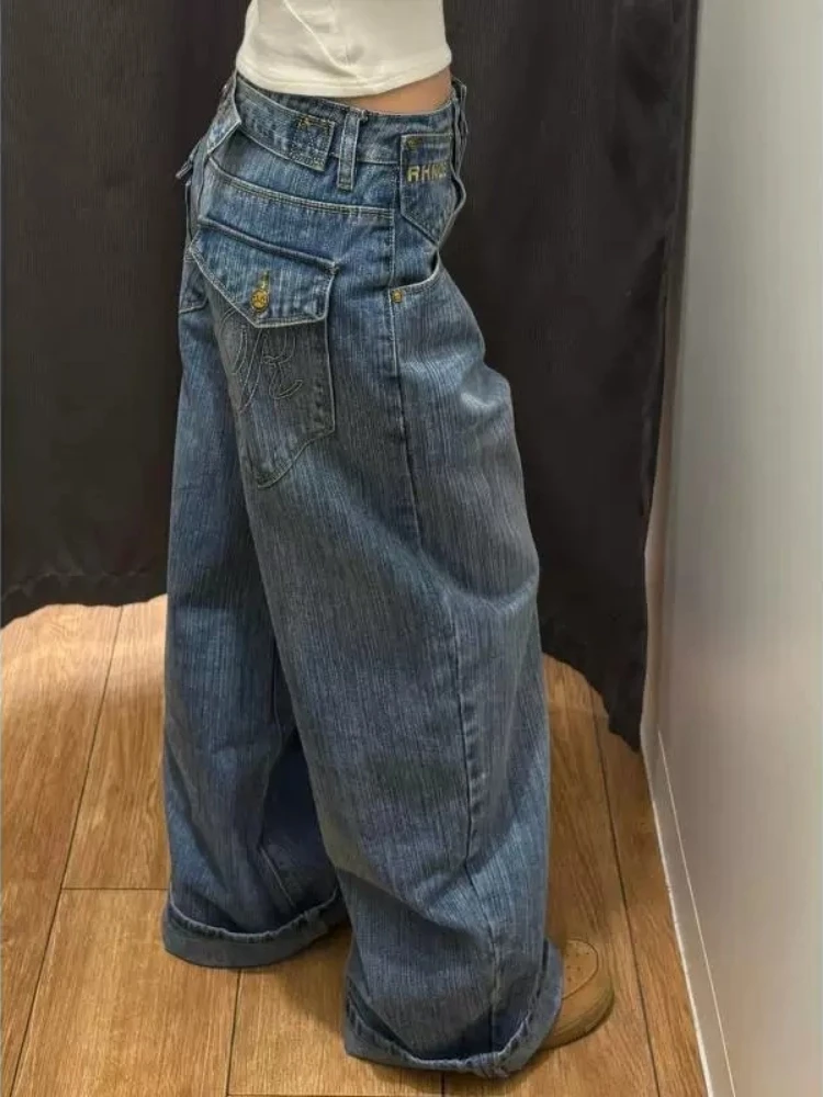 Y2K Vintage Blue Wash Wide Leg Jeans Women Retro Multi Pockets Baggy Denim Pants American Style Streetwear Loose Trousers