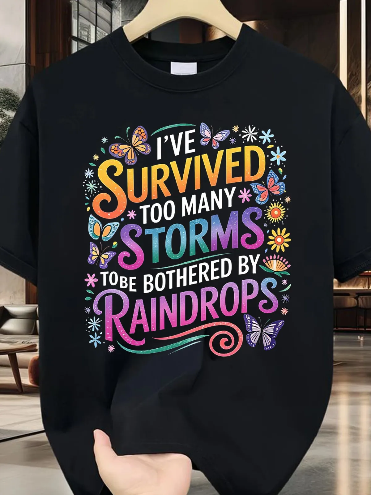 Men'S Vintage Streetwear T-Shirt with I'Ve Survived Too Many Storms to Be Bothered by Raindrops Graphic Print - Casual Short Sle