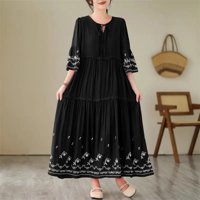 Große Damen langes Kleid ethnischen Stil Stickerei künstlerische locker sitzende Design V-Ausschnitt Retro weibliche Herbst kleid z2359