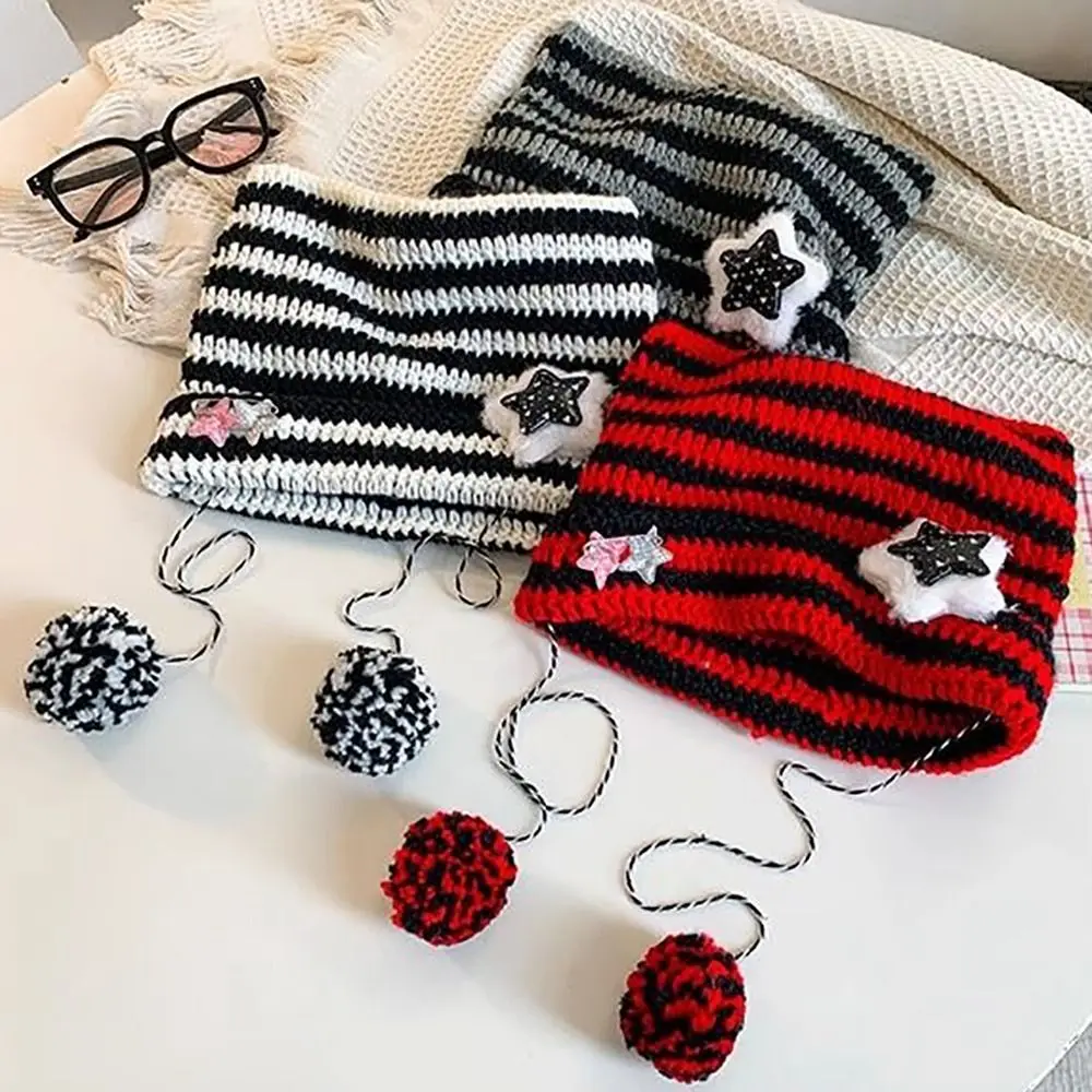 Ears Pointed Pullover Y2K Cute Y2K Beanie Hat Striped Star Devil Hat Knitted Beanie Hat Autumn Winter