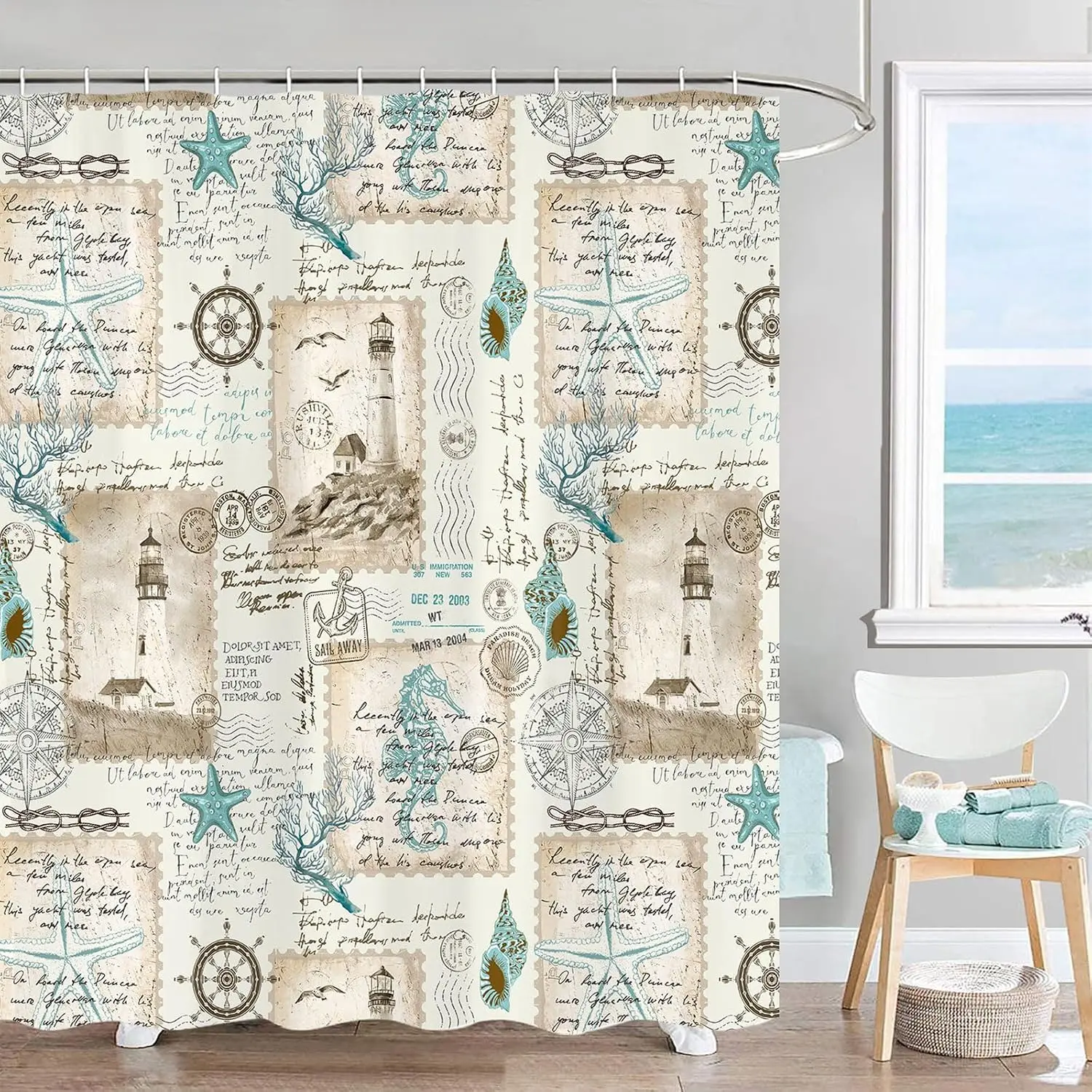 Vintage Nautical World Map Sketch Shower Curtain Bathroom Liner Polyester Material Retro Ocean Travel Aesthetic Waterproof Curta