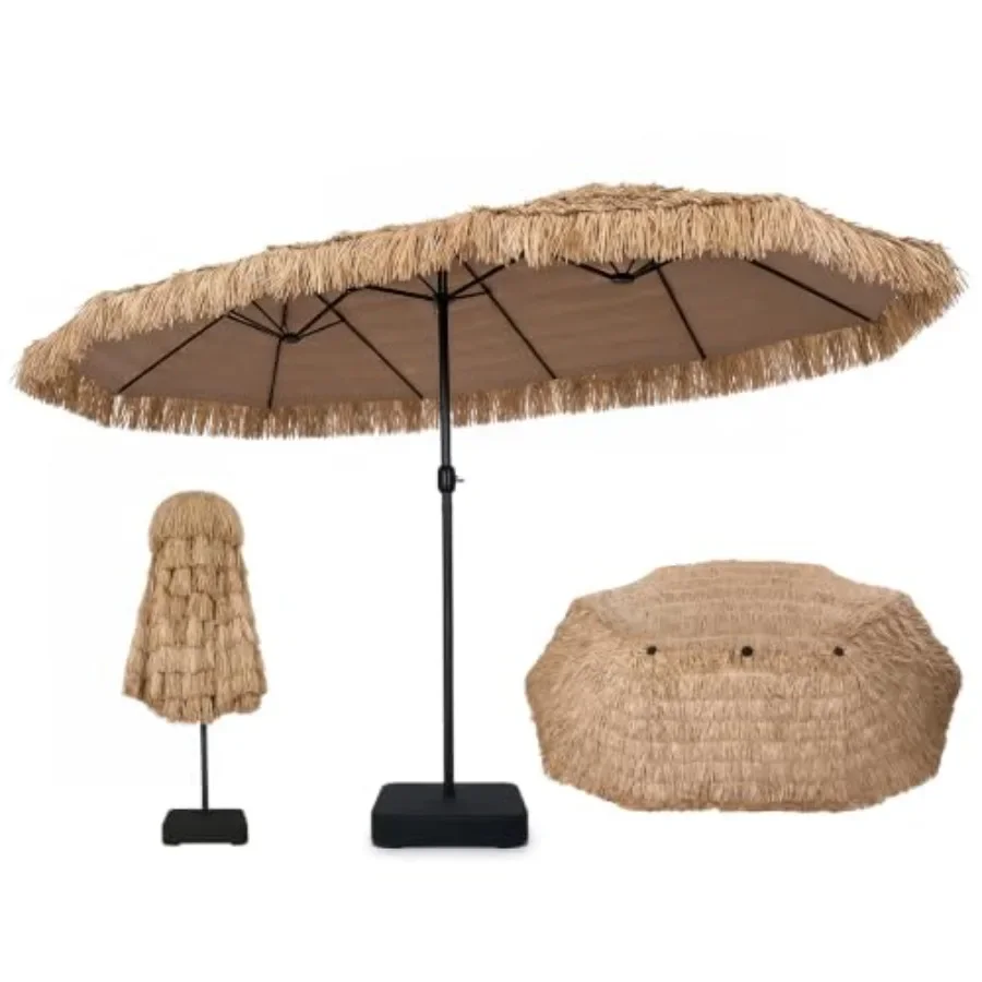 15 Feet Tiki Patio Umbrella with Base Included for outdoor use, polyester fabric, beige, UV-resistant and tilt-adjustable