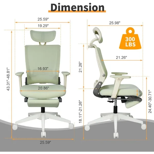 Silla de oficina ergonómica plegable, silla de escritorio de espalda alta con reposapiés, respaldo de malla, silla de ordenador con reposacabezas fijo