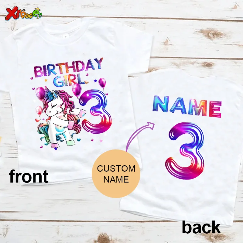 Unicorn Birthday Girl T Shirt Party Outfits for Kids Custom Name Shirts Baby Girl Clothes1st 2nd 4 9Years Clothing Cute T-shirts