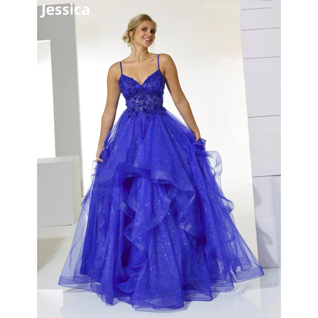 Jessica Blue Wedding Dress Embroidered Sequin Fairy Prom Dresses Corset Fluffy Glitter Tulle Bespoke Occasion Dresses