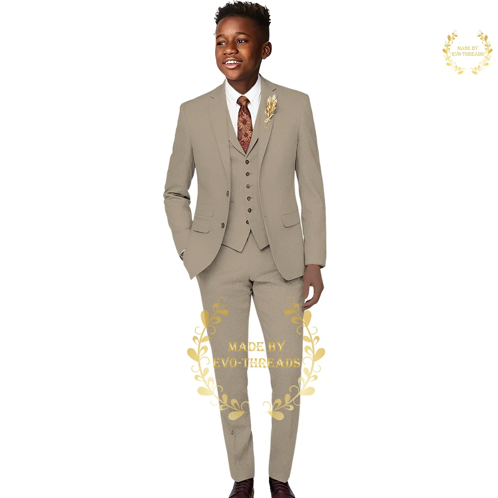 Boys' 3-piece suit (jacket+vest+pants) khaki notch lapel slim fit tuxedo wedding birthday prom cocktail party custom kids wear