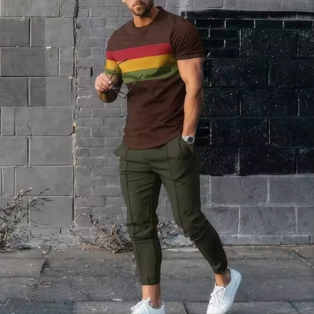 حار بيع الرجال الموضة الجديدة رسالة مطبوعة تنفس ومريحة جولة الرقبة تي شيرت وسراويل مجموعة ملابس غير رسمية في الهواء الطلق