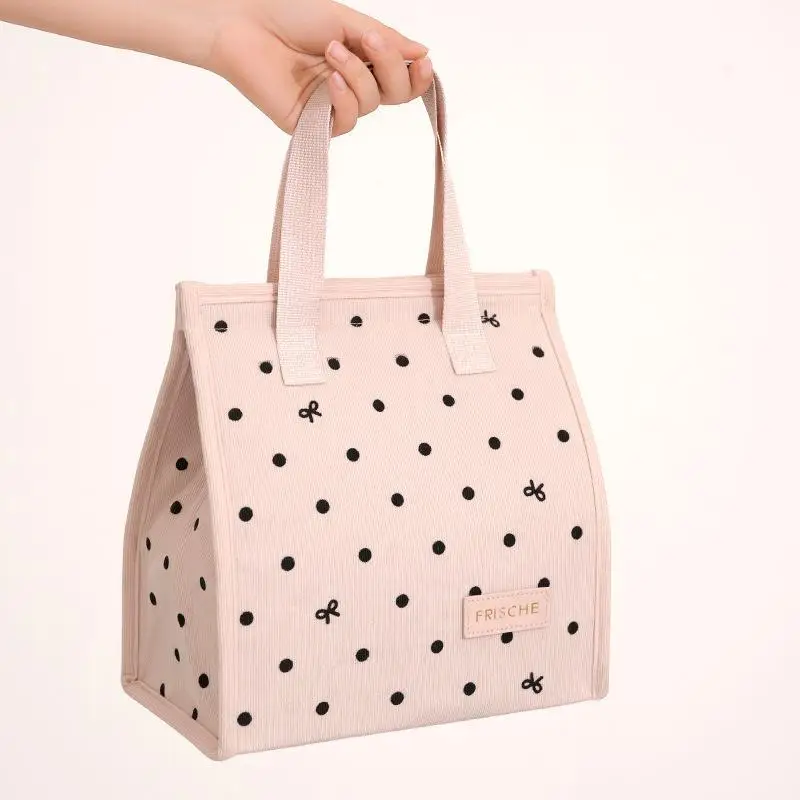 Reusable Portable Insulated Lunch Bag Top Handle Minimalist Style Lunch Tote Bag Polka Dot Thermal Lunch Box